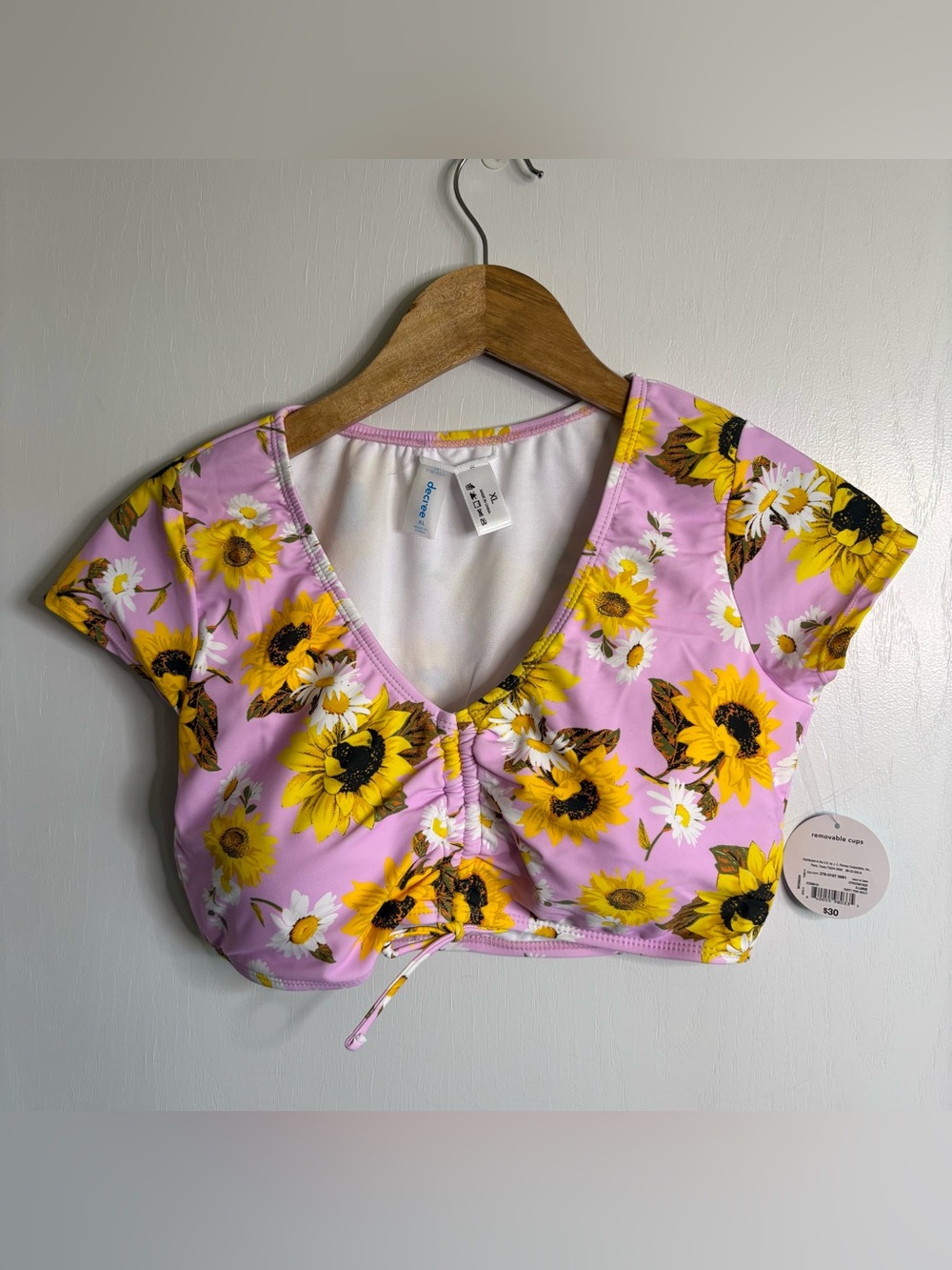 NWT Decree XL Swim Crop Top Lavender Multi Floral Drawstring at V-Neck Festival